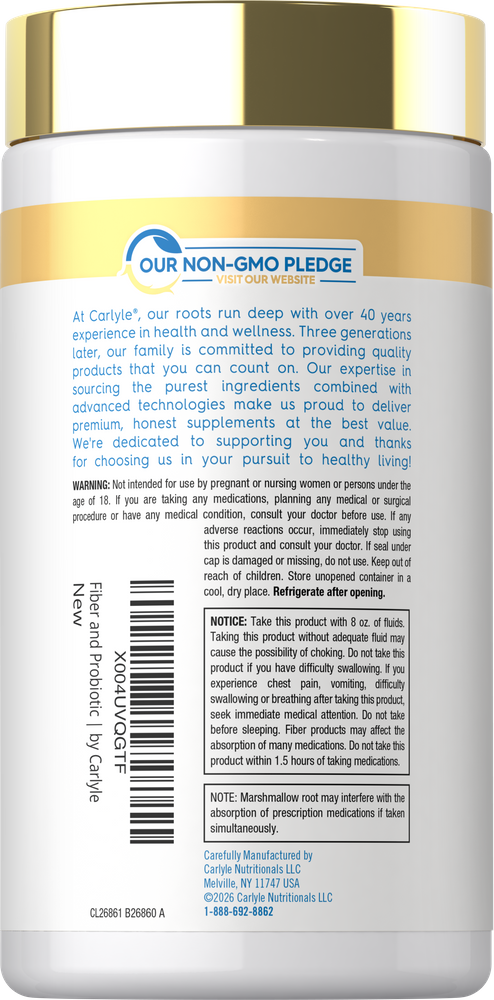 CL Fiber + Probiotics 60 Capsules jar with back label showing non-GMO pledge, warnings, directions, and company info.