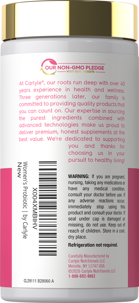 Hand holding Women's Probiotic bottle, 25 billion CFU, 30 capsules. Health supplement for digestive support.