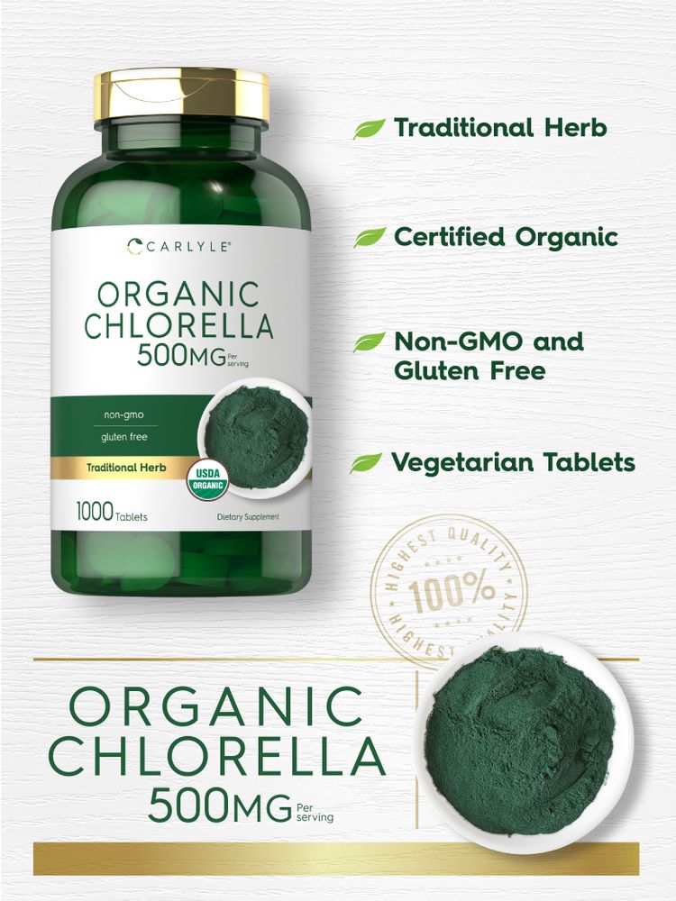 Organic Chlorella 500 mg tablets in a bottle with loose chlorella powder in a white bowl.