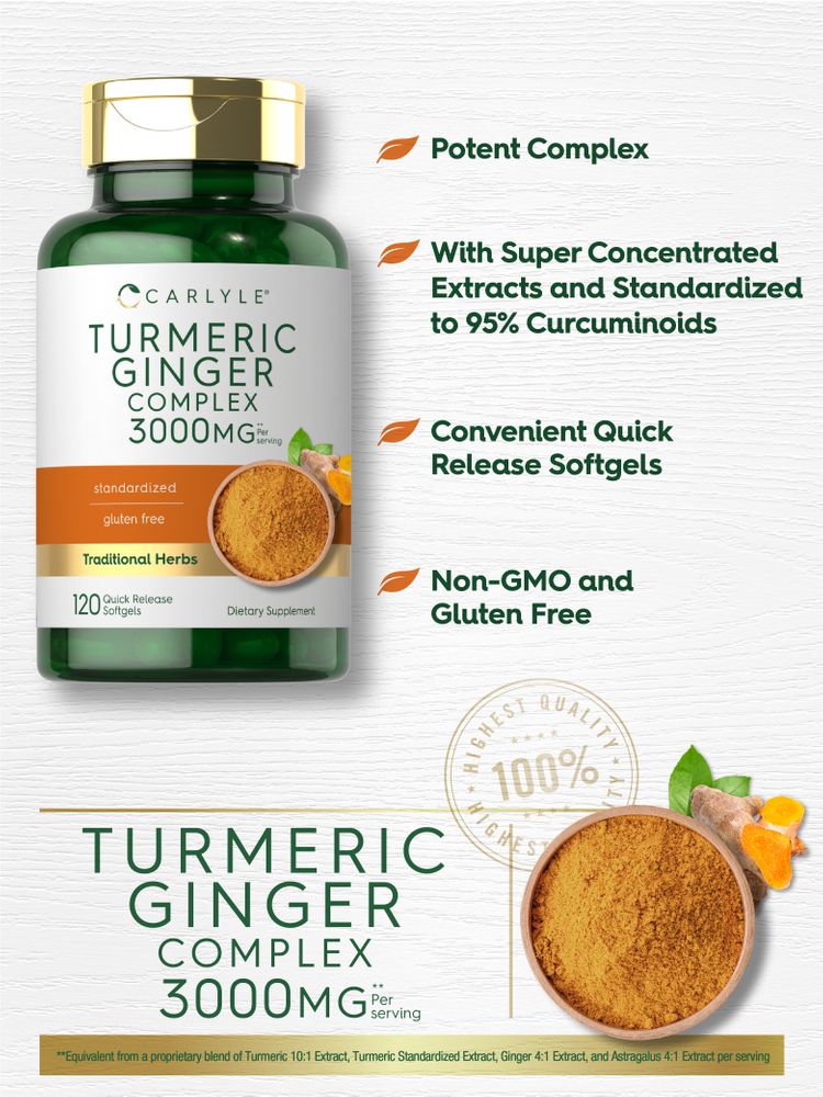 Bowl of turmeric powder and ginger root, with Turmeric Ginger Complex 3000MG per serving, 120 softgels.