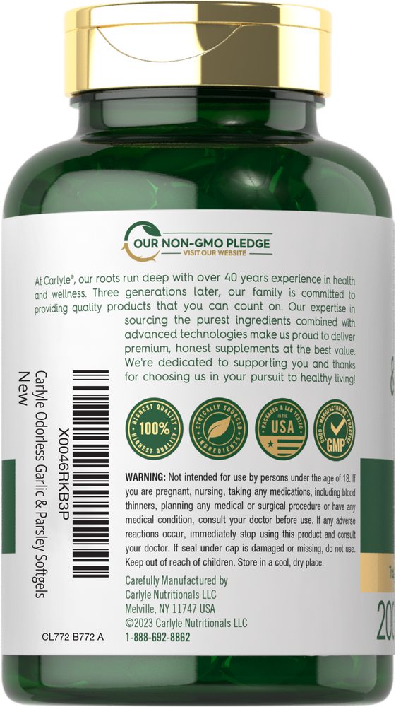 Carlyle Odorless Garlic & Parsley 1800mg bottle of 200 softgels shown on a hand scale.