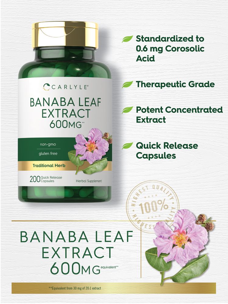 Carlyle Banaba Leaf Extract 600mg in 200 easy-to-take capsules with quick release functionality.