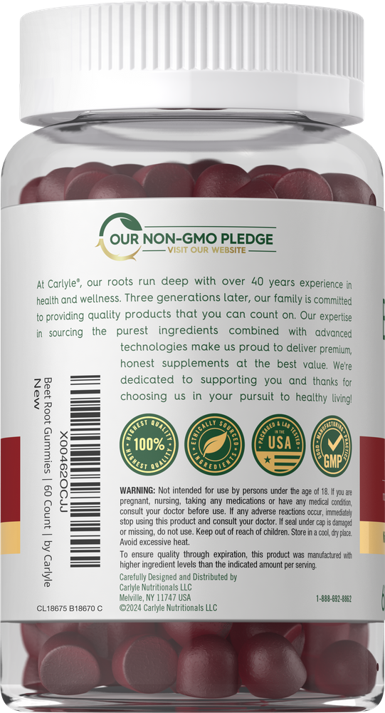 A hand holding a jar of Carlyle Beet Root 60 Gummies, showcasing the product size and packaging in a real-life setting.