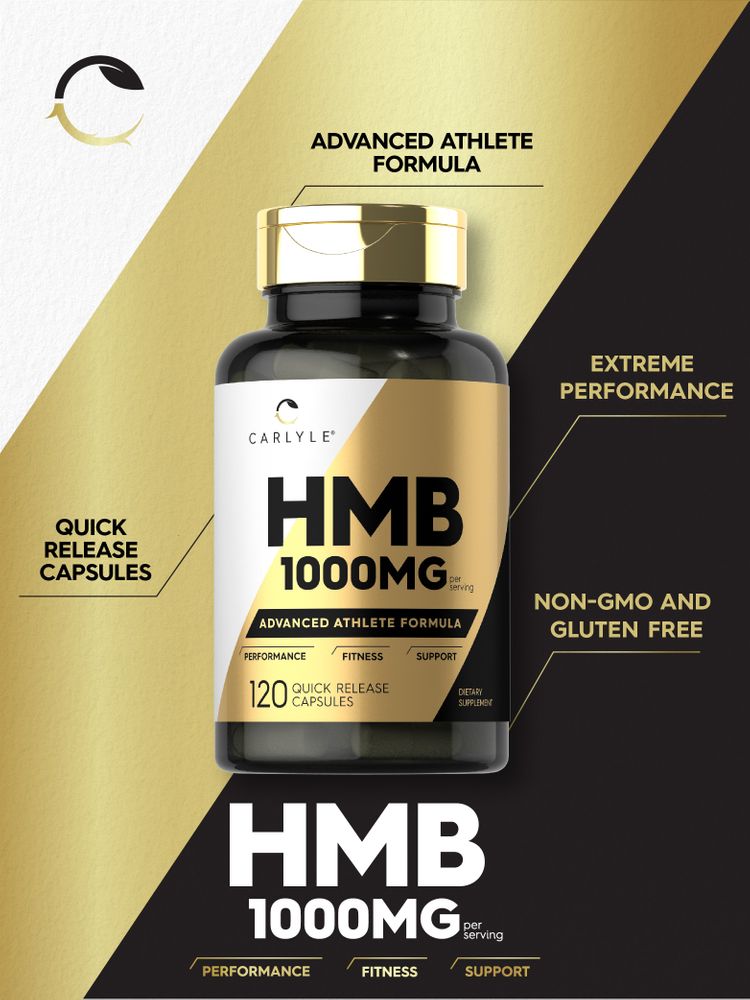 Carlyle HMB 1000MG per serving, in a bottle of 120 quick-release capsules, shown on a hand scale for display.