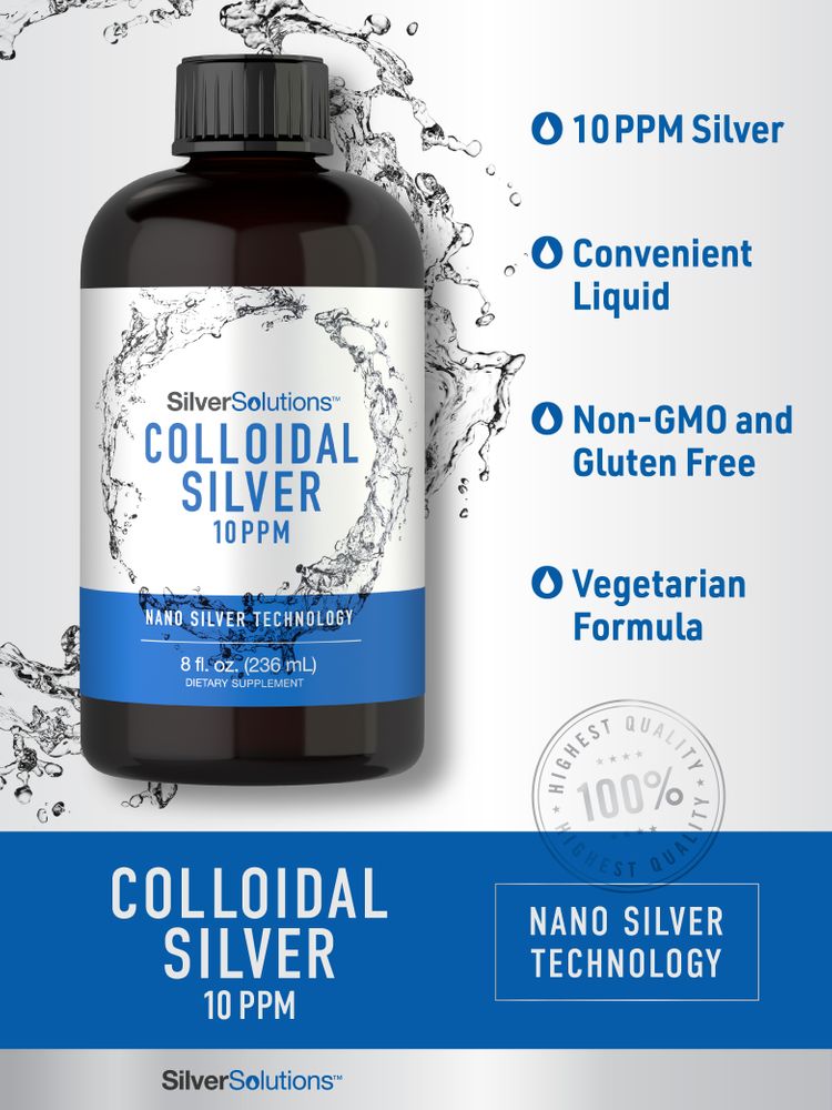 An 8 fl. oz. (236 mL) bottle of Colloidal Silver with 10 PPM concentration, shown against a scale for size reference.