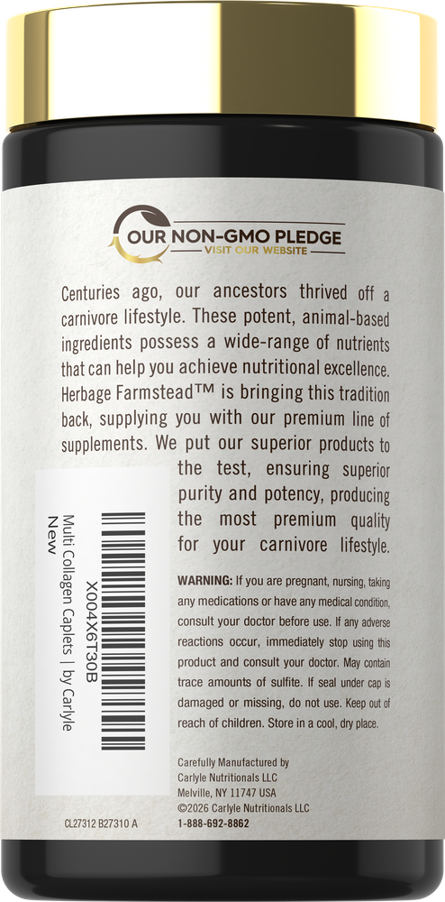 A hand holding a bottle of Multi Collagen Caplets, showcasing the size and scale of the supplement container.
