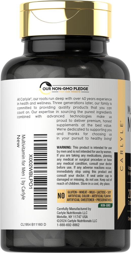 A bottle of multivitamin for men featuring 200 coated caplets on a bulk scale, illustrating the product's quantity and packaging.