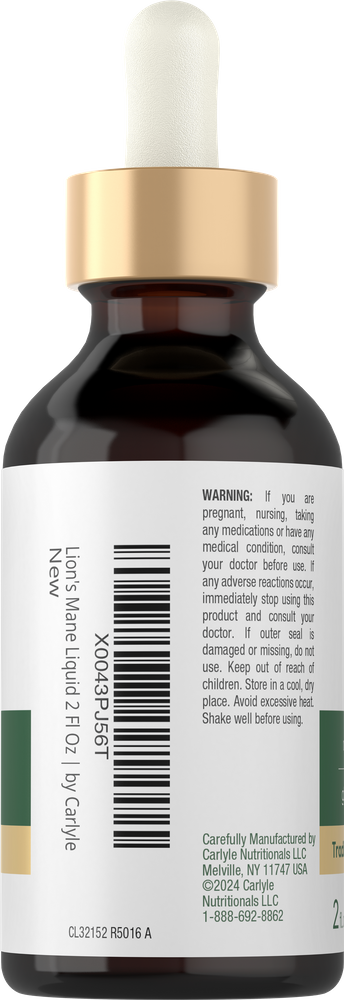 Hand holding a 2 Fl Oz bottle of Lion's Mane liquid supplement.