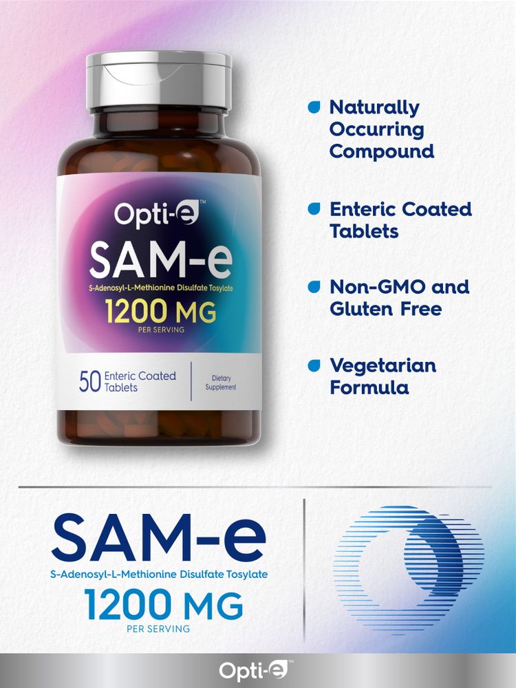 Opti-e SAM-e supplement: 1200 mg per serving, 50 enteric-coated tablets for daily health support.