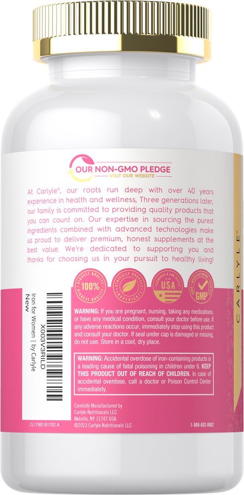 Carlyle Iron supplement for women, 65 mg potency, available as 300 tablets.
