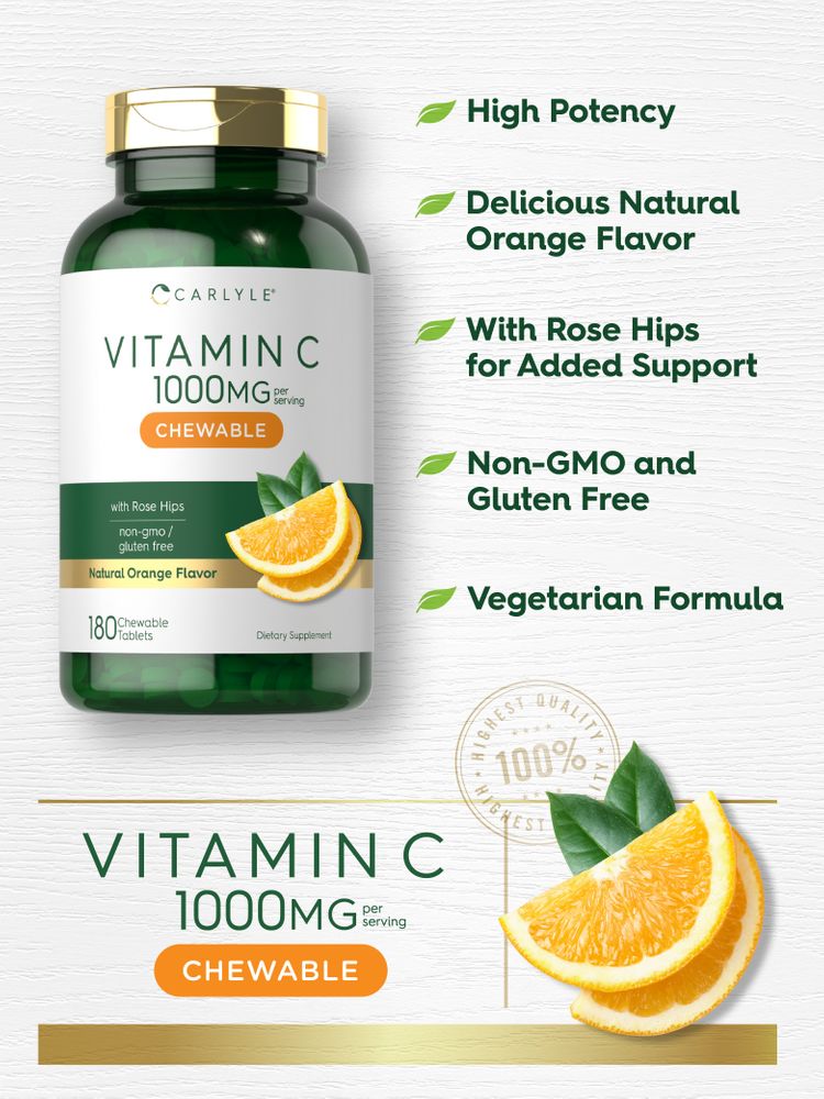 Hand holding Carlyle Vitamin C bottle with 180 chewable tablets, showcasing bulk scale size for easy daily vitamin intake.