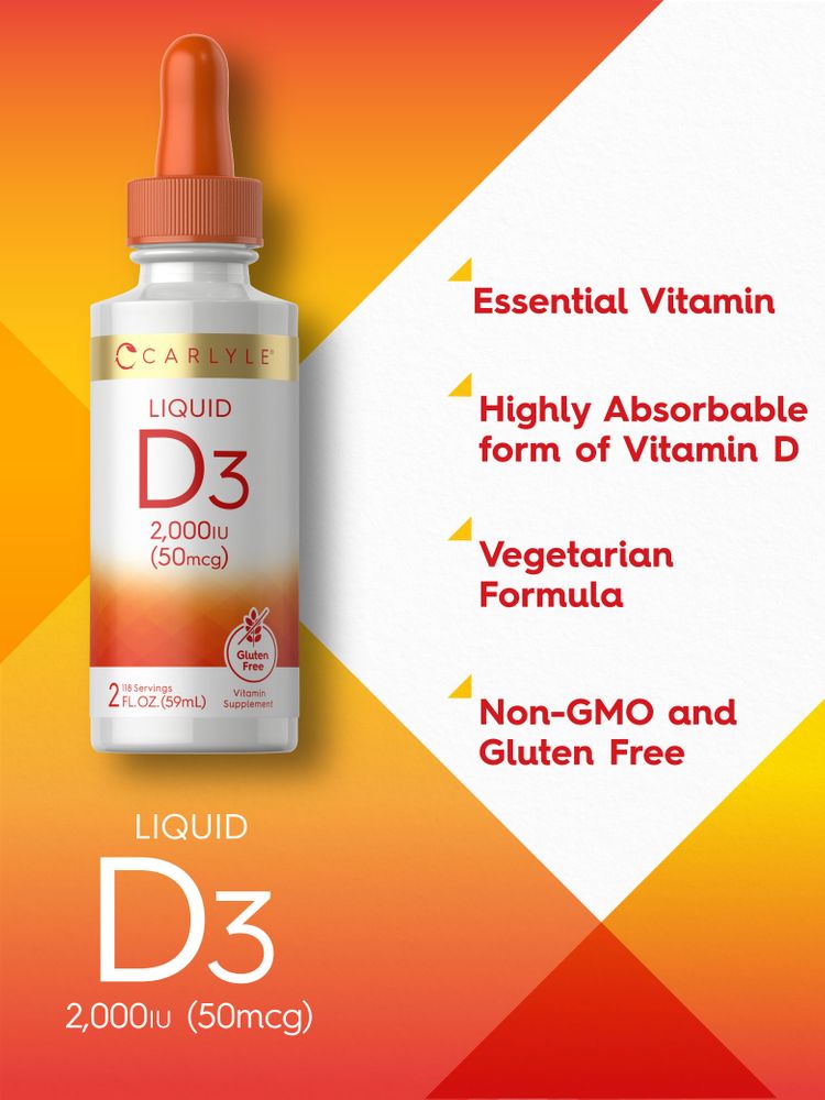Hand holding Carlyle Liquid D3 2,000iu (50mcg), 2 fl. oz. (59mL) bottle, illustrating size comparison and packaging.