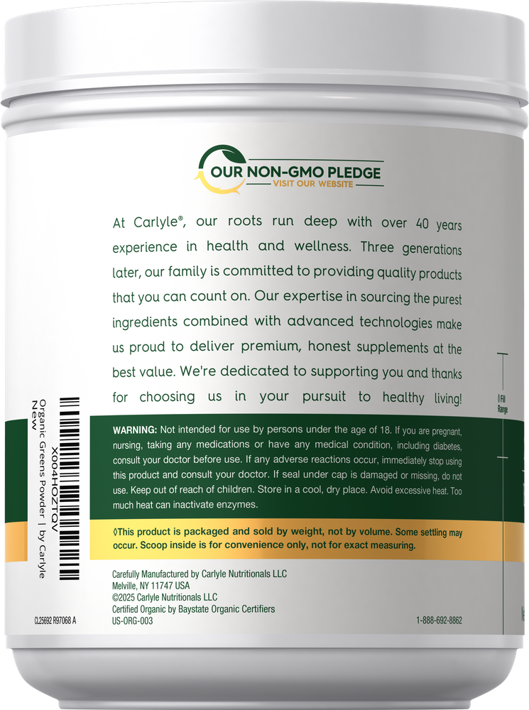 Organic Greens Powder tub with label showing 'OUR NON-GMO PLEDGE', stating 'Packaged and sold by weight, not by volume'.