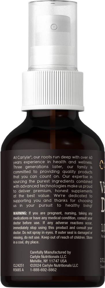 Carlyle Vitamin D3 Spray, providing 1,000 IU per serving, in a 2 fl oz bottle placed on a hand for size comparison.