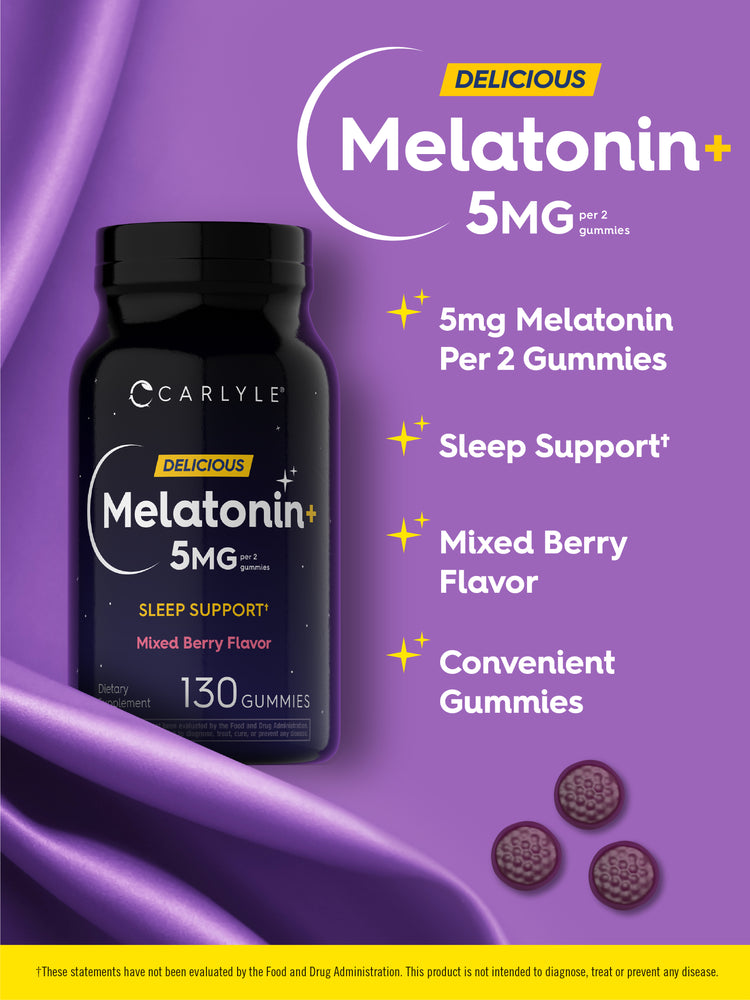 Product highlights graphic stating 5mg Melatonin per 2 gummies, Sleep Support†, Mixed Berry Flavor, and convenient gummies.