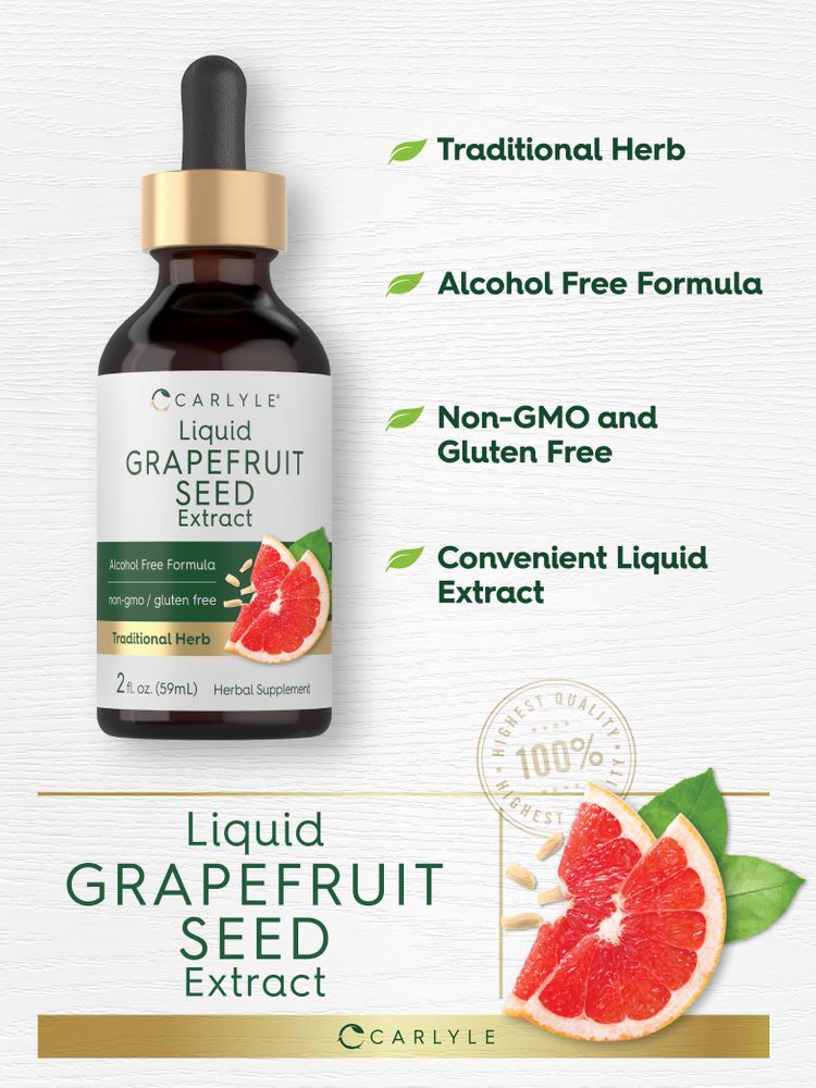 Carlyle Liquid Grapefruit Seed Extract 2 fl oz bottle with grapefruit slices and seeds shown nearby.