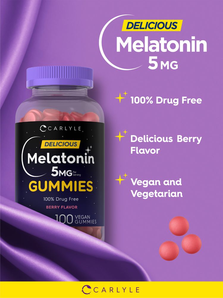 A 100-count bottle of red, round Melatonin 5 mg gummies is shown.