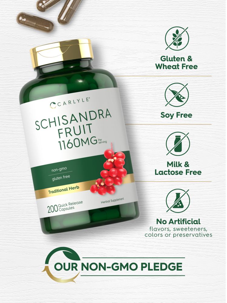 Carlyle Schisandra Fruit 1160 mg, 200 quick release capsules bottle shown on a hand scale.