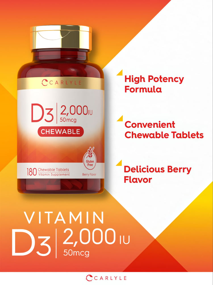 Carlyle Vitamin D3 2,000 IU chewable tablets, 50mcg, 180 count, shown on a hand scale for size comparison.