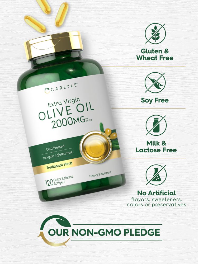 Golden, elongated Quick Release Softgels with 2000mg per serving shown on a hand for scale.