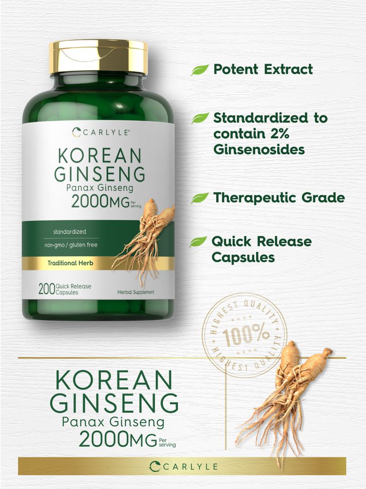 Carlyle Korean Ginseng 2000MG per serving, quick-release capsules with Panax Ginseng roots shown on a hand scale.