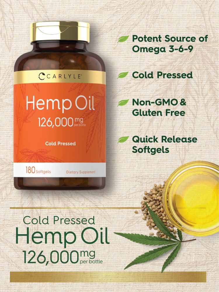 Bottle of Carlyle Hemp Oil 126,000 mg with 180 softgels, shown on a hand scale.