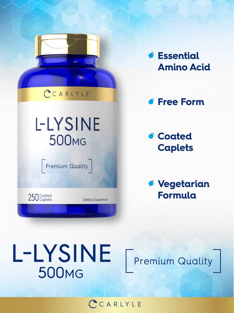 Hand holding a scale displaying bulk L-Lysine 500mg coated caplets, emphasizing supplement dosage and caplet quantity.