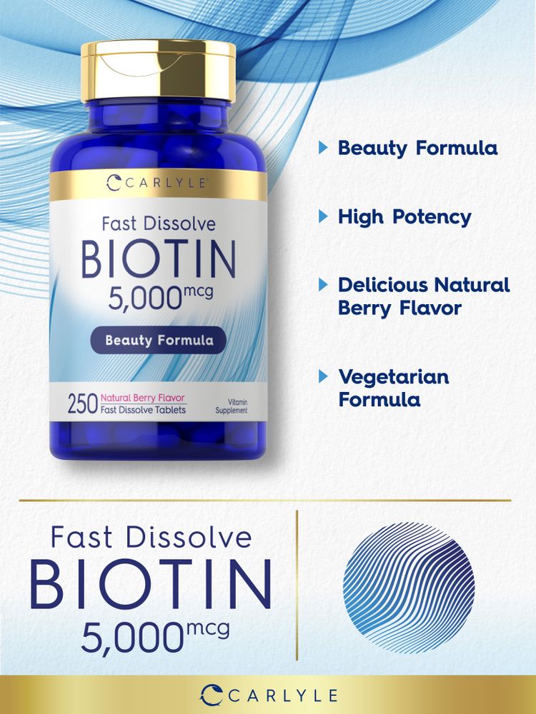 Carlyle Biotin 5,000 mcg, 250 fast dissolve tablets in natural berry flavor on a hand scale.