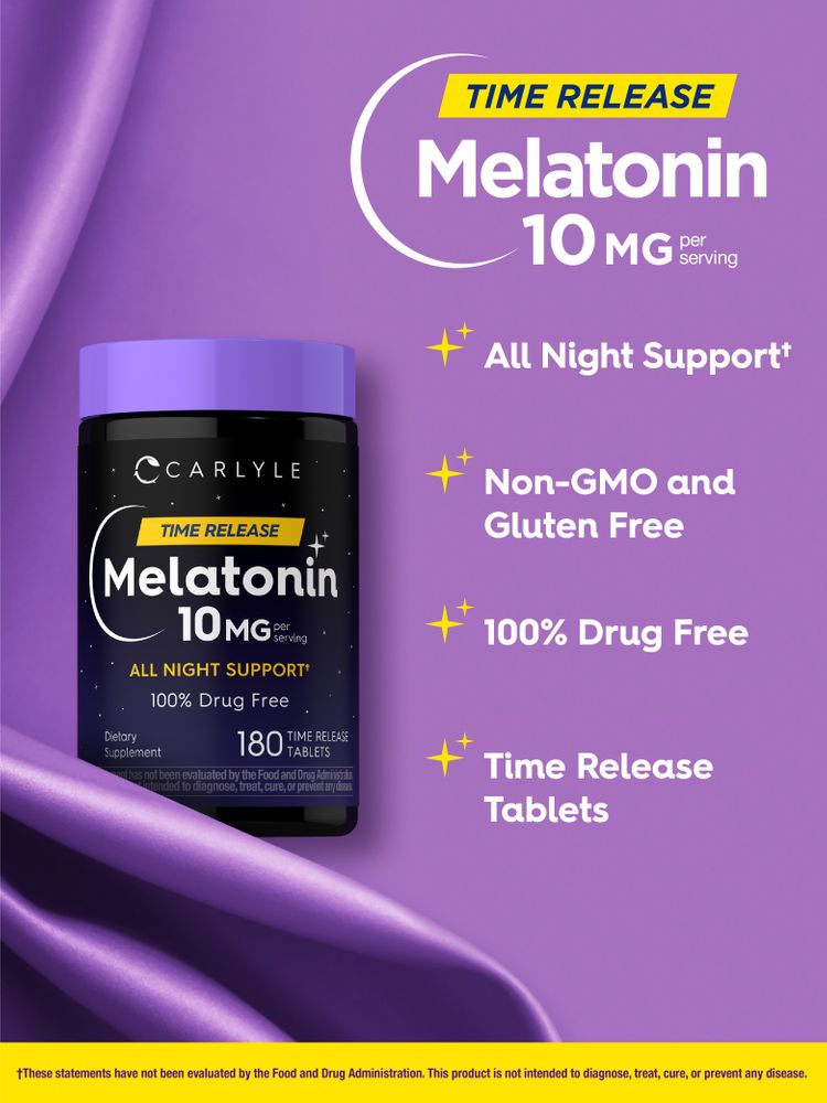 A bottle of Time Release Melatonin with 10 MG per serving, containing 180 tablets, shown on a bulk scale.