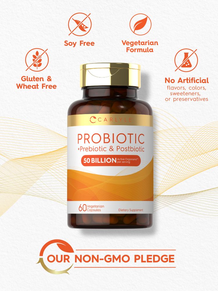Probiotic bottle: Soy Free, Vegetarian Formula, Gluten & Wheat Free, No Artificial Flavors/Colors/Sweeteners/Preservatives, Our Non-GMO Pledge