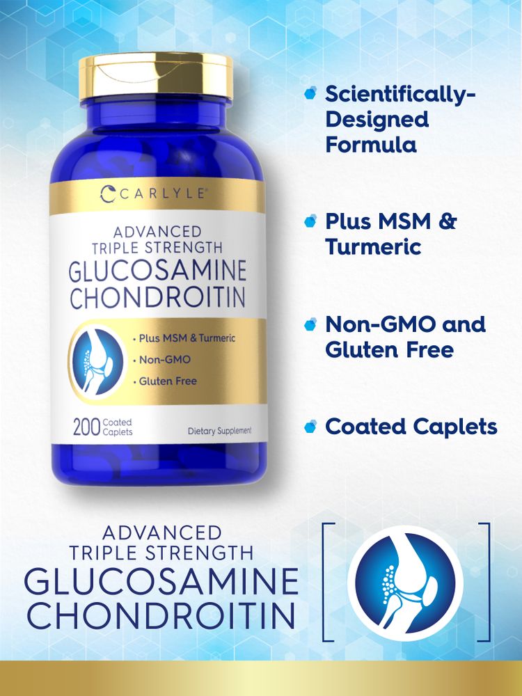 Carlyle Advanced Triple Strength Glucosamine Chondroitin, MSM & Turmeric, Non-GMO, Gluten Free, 200 Coated Caplets.