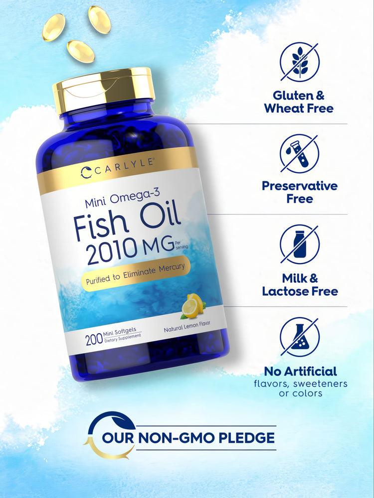 Hand holding three yellow oval Mini Softgels of Carlyle Mini Omega-3 Fish Oil.