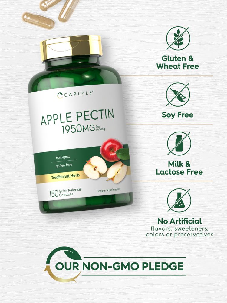 Carlyle Apple Pectin 1950mg, 150 Quick Release Capsules in a bottle with additional loose capsules shown.
