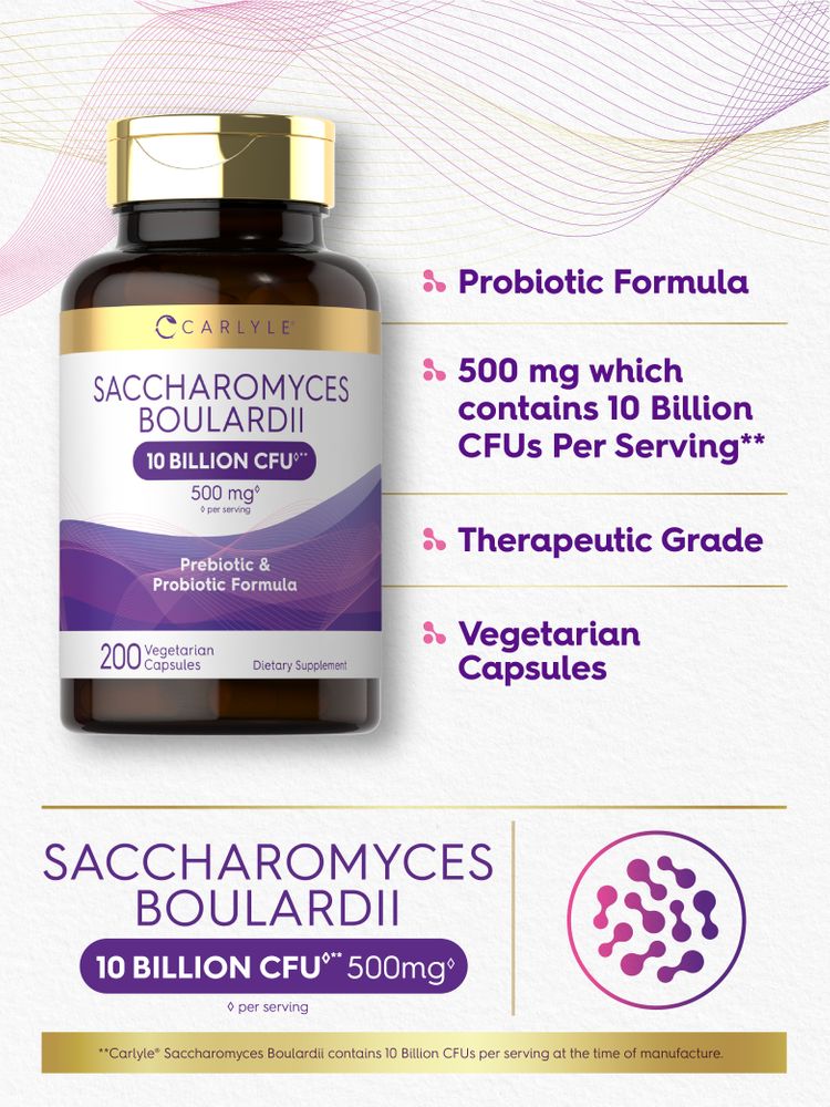 Saccharomyces Boulardii 10 Billion CFU supplement: 500 mg, 200 vegetarian capsules displayed on a hand scale.