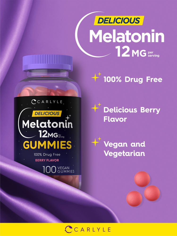 A hand holds three red spherical Melatonin 12mg gummies, showing their size and shape.