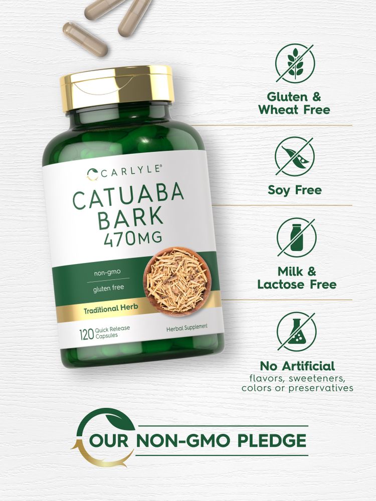 Carlyle Catuaba Bark 470 mg Quick Release Capsules on a hand scale.