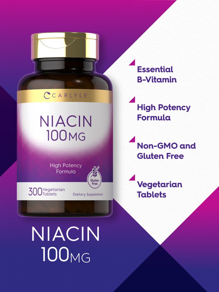 Carlyle Niacin 100 mg, 300 Vegetarian Tablets. High potency B-vitamin, essential, non-GMO, and gluten-free.