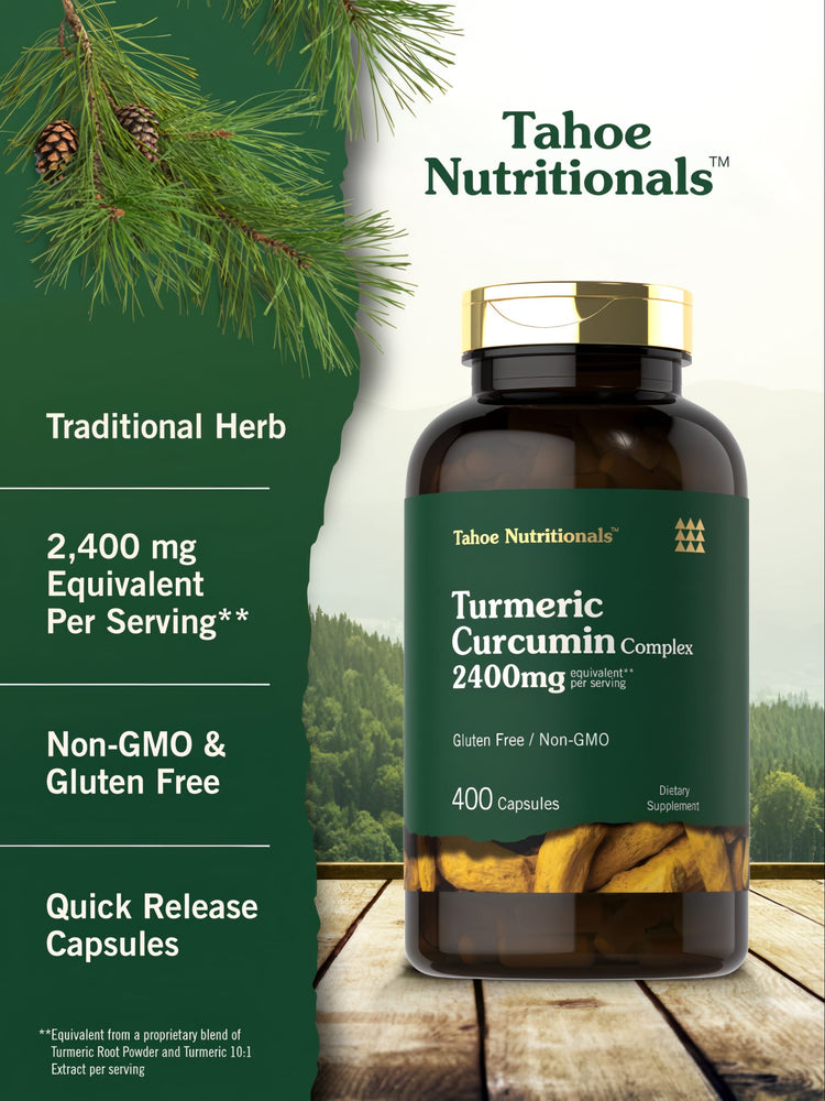 Hand holding Tahoe Nutritionals Turmeric Curcumin Complex, 2400mg per serving, 400 capsules bottle.