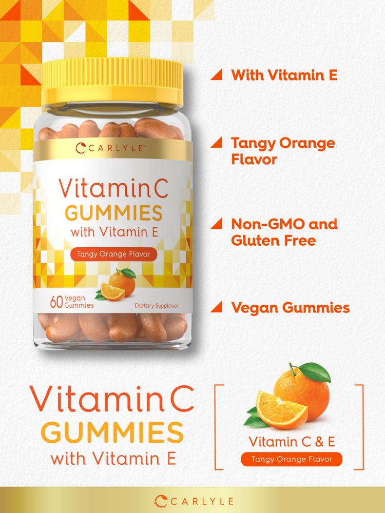 Bottle of Vitamin C Gummies with Vitamin E, Tangy Orange Flavor, containing 60 vegan gummies. Easy to integrate into your daily routine.