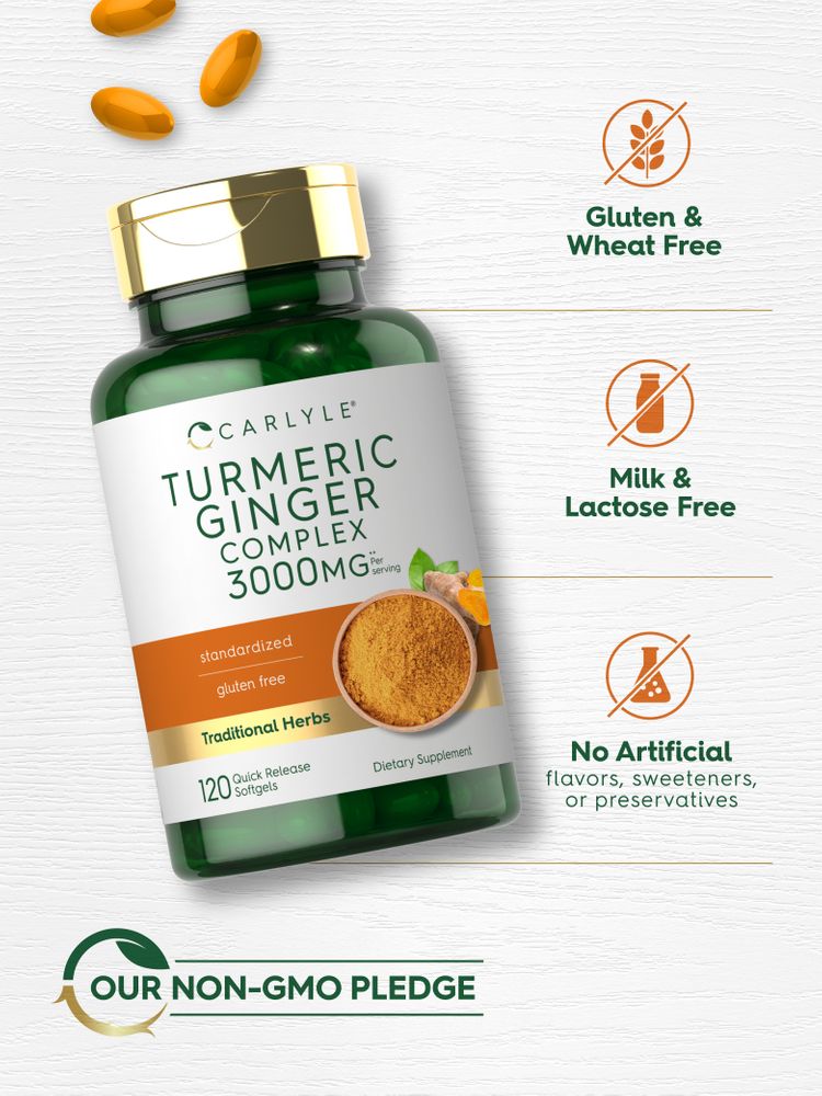 Orange softgels for Turmeric Ginger Complex, 3000mg per serving, shown on a hand scale.