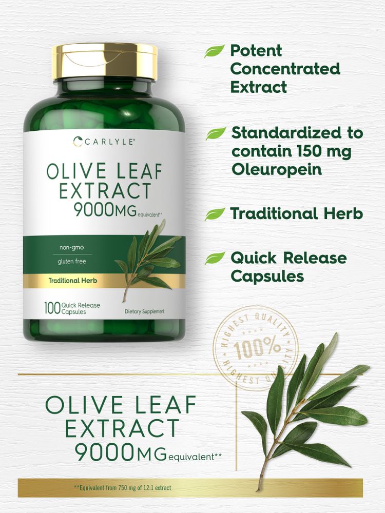 Bottle of Olive Leaf Extract, 9000mg equivalent, containing 100 quick-release capsules, on a hand scale for measurement.