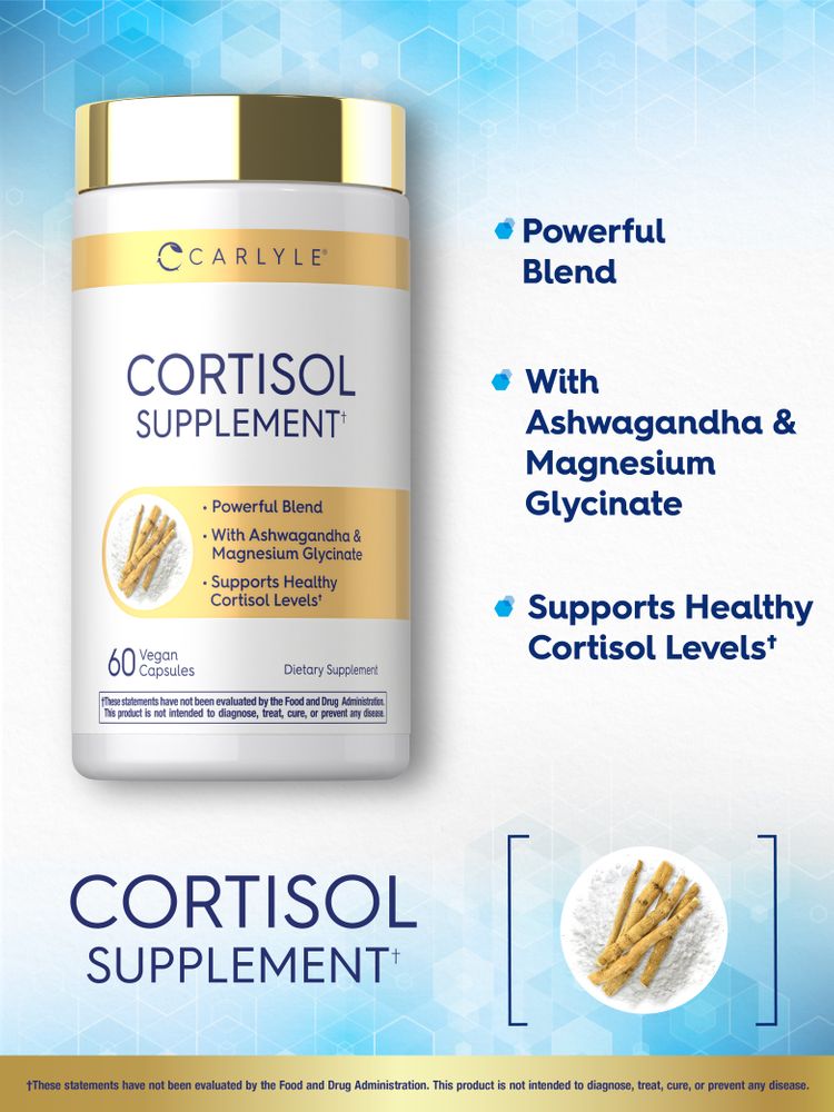CL Cortisol Supplement 60 Vegan Capsules shown with Ashwagandha roots on display.