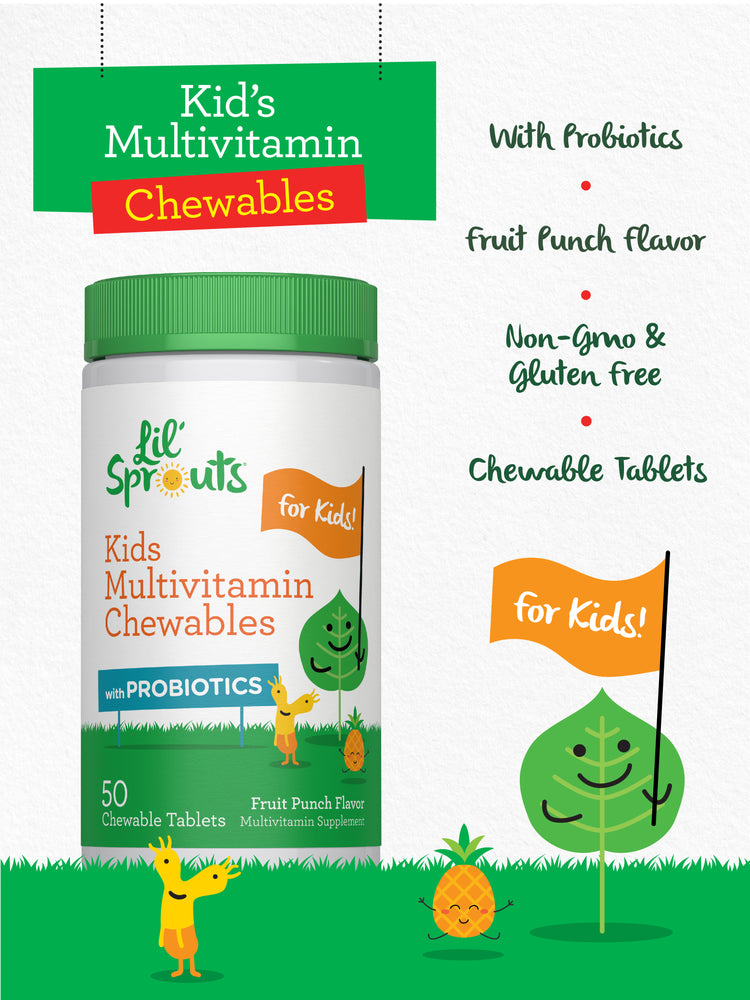 Lil' Sprouts Kids Multivitamin Chewables with Probiotics, 50 tablets, fruit punch flavor, non-GMO and gluten-free.