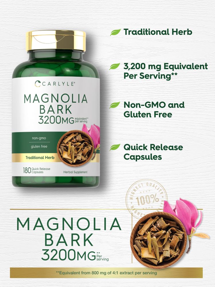 Magnolia Bark 3200mg Quick Release Capsules displayed beside natural magnolia bark for scale.