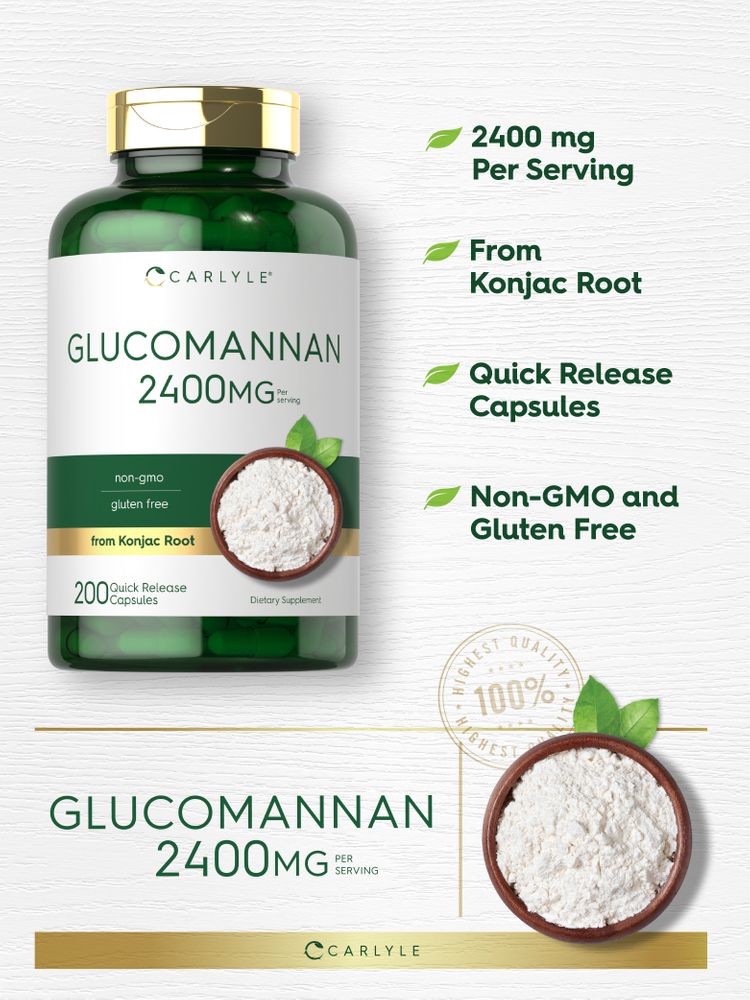 A hand holding a scale with 2400 mg per serving of white Glucomannan powder.