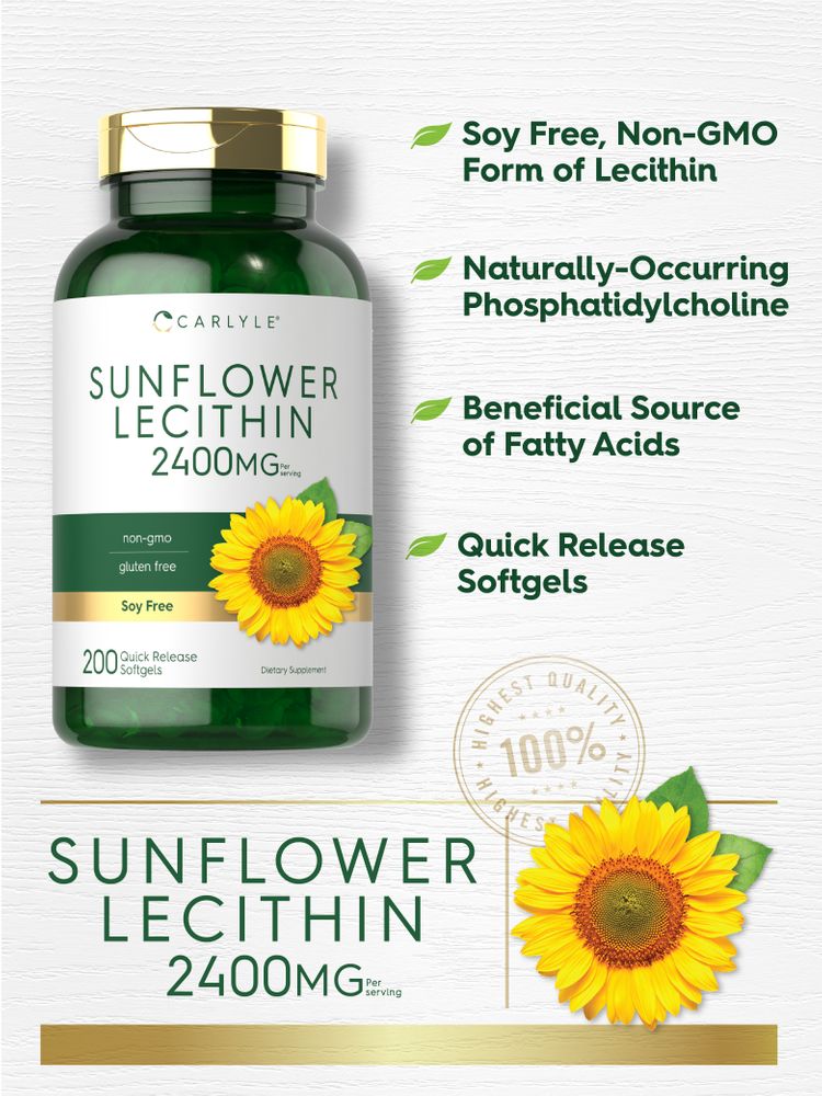 A hand holds Sunflower Lecithin 2400mg, showing a bottle of 200 quick release softgels for sale.