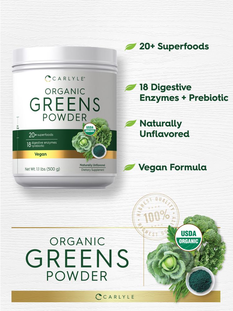 Carlyle Organic Greens Powder in a 1.1 lbs (500 g) tub, with a small bowl of green powder and fresh greens. USDA Organic certified.