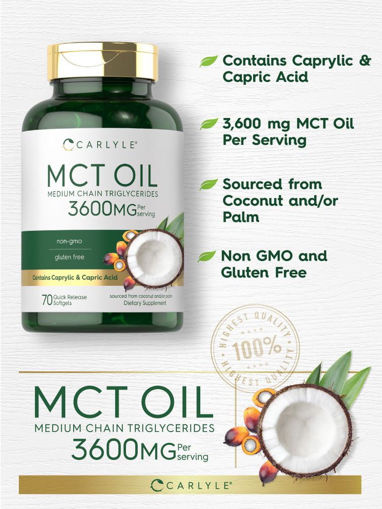 Carlyle MCT Oil 3600mg bottle with 70 quick release softgels shown on a hand scale.