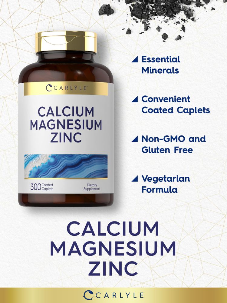 Product highlights graphic stating Essential Minerals, Convenient Coated Caplets, Non-GMO and Gluten Free, Vegetarian Formula.