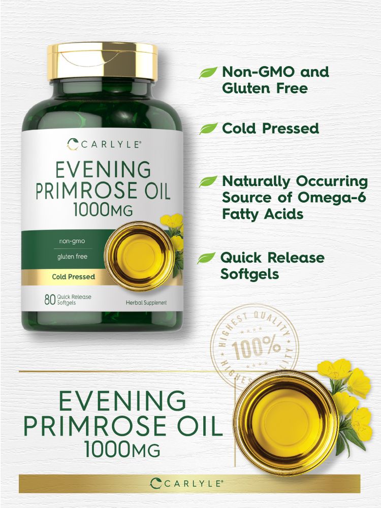 Carlyle Evening Primrose Oil 1000mg bottle with 80 quick release softgels, depicted on a hand scale for reference.